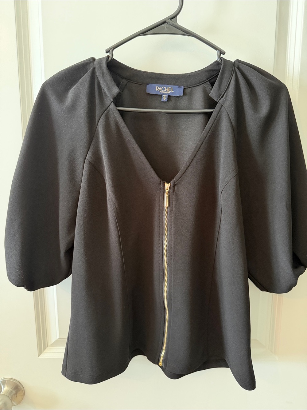 Rachel Black Zip-Front Puff Sleeve Blouse